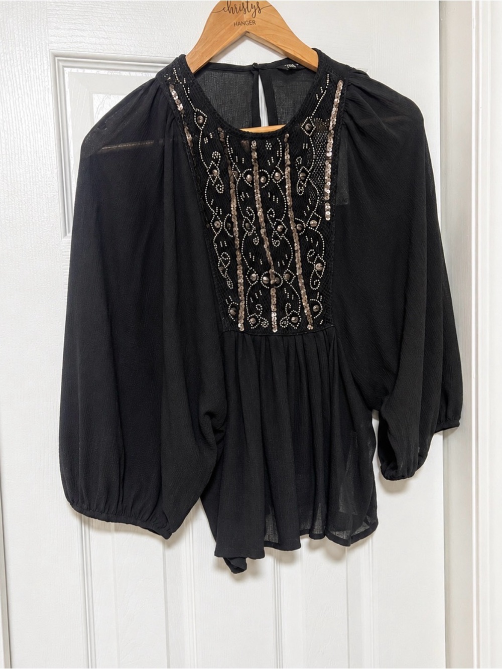ZARA Black Beaded Sequin Embroidered Batwing Blouse NWT S